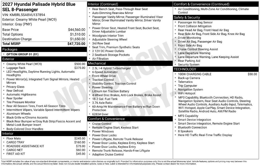 2027 Hyundai PALISADE HYBRID Blue SEL 8 Passenger