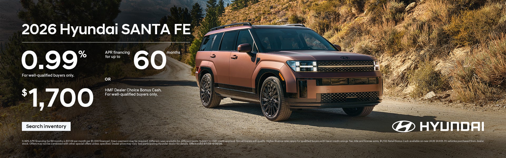 2026 Hyundai Santa Fe APR or Bonus Cash Offer